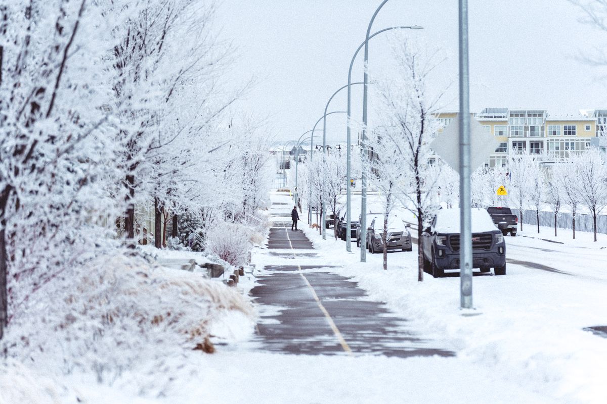 A snow-covered municipal street with a cleared sidewalk in winter
